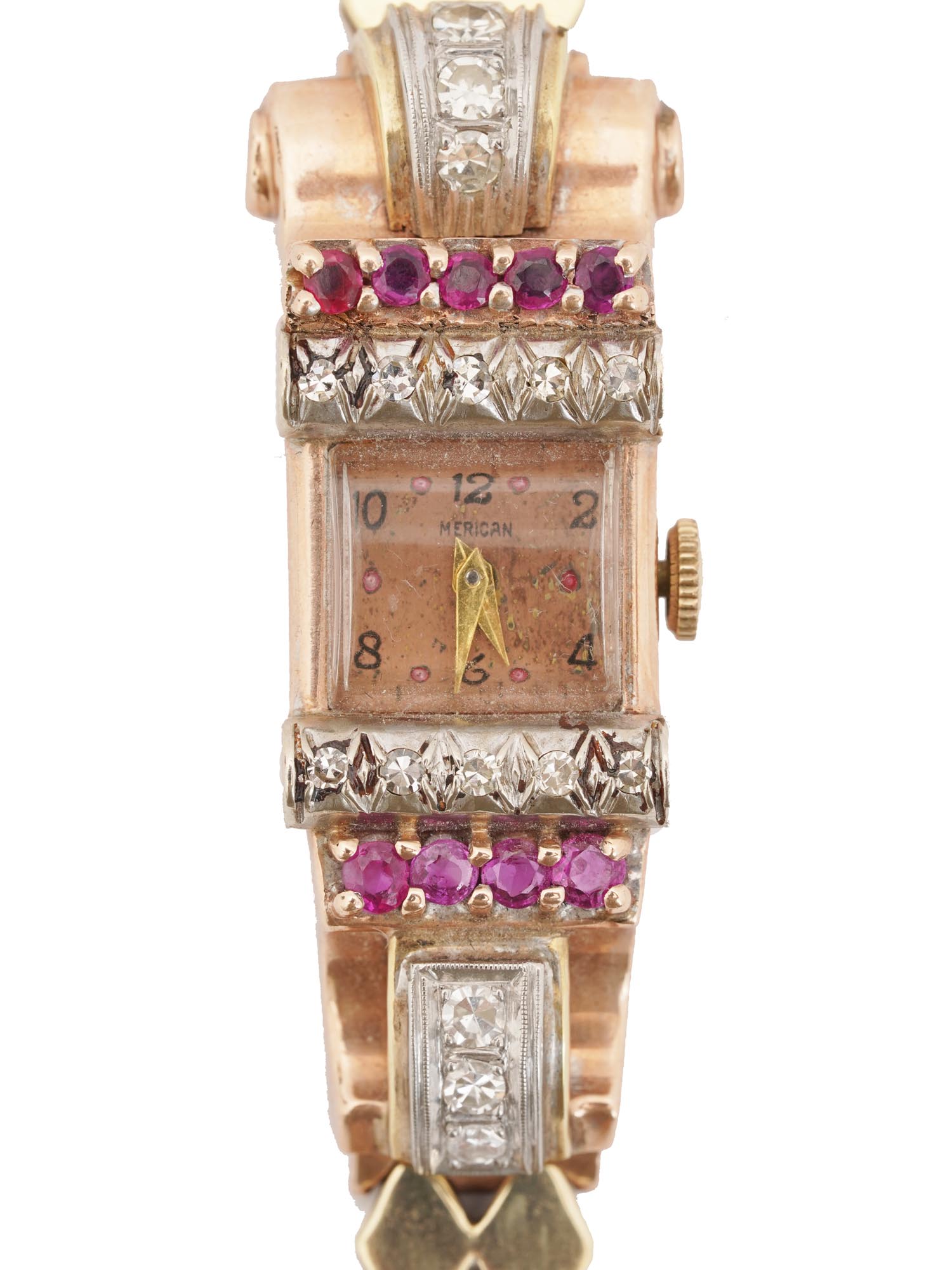 ART DECO 14K GOLD DIAMOND, RUBY MECHANICAL WATCH PIC-2